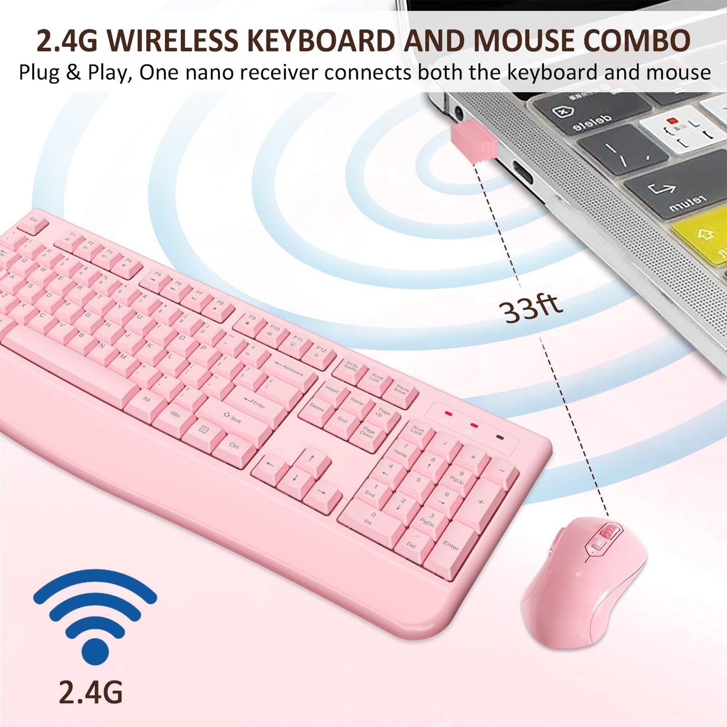 Wireless Keyboard and Mouse Combo, EDJO 2.4G Full-Sized Ergonomic Computer Keyboard with Wrist Rest and 3 Level DPI Adjustable Wireless Mouse for Windows, Mac OS Desktop/Laptop/PC (Pink)