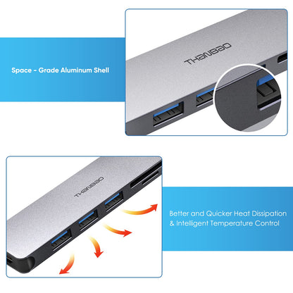 USB C Hub Multiport Adapter - 7 in 1 Portable Space Aluminum Dongle with 4K HDMI Output, 3 USB 3.0 Ports, SD/TF Card Reader Compatible for MacBook Pro, XPS More Type C Devices