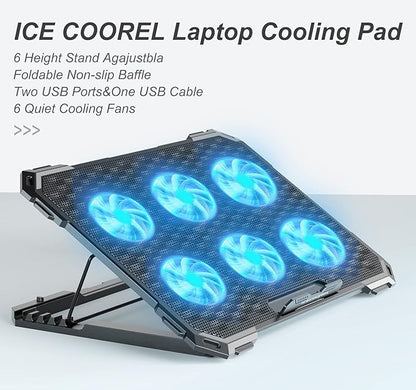 ICE COOREL Laptop Cooling Pad with 6 Cooling Fans, Cooling Pad for Laptop Fan 13-15.6 Inch, Laptop Cooler Stand with 6 Height Adjustable, Notebook Cooler Pad with Two USB Port