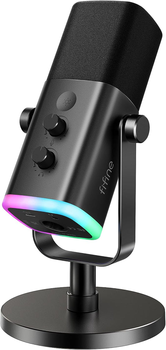 FIFINE USB/XLR Dynamic Microphone for Podcast Recording, PC Computer Gaming Streaming Mic with RGB Light, Mute Button, Headphones Jack, Desktop Stand, Vocal Mic for Singing YouTube-AmpliGame AM8