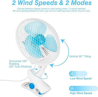 8.66" Portable Clip on Fan, 2 Speed Desk Fan with Auto Shaking Function, 180° Adjustable Tilt, Study Clamp, Personal Cooling Fan with 3.94ft Cord for Home Office Dorm