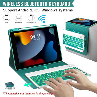 Keyboard Case for iPad 9th/8th/7th Generation 10.2 inch 2021/2020/2019 & ipad Pro 10.5-inch & ipad Air 3 2019-Backlit Detachable keyboard 360° Rotatable Folio Cover with upper pencil holder-(Teal)
