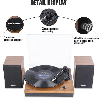 Bluetooth Record Player, 3-Speed Belt-Driven Turntable with Bluetooth Input& Output, Aux-in, Two 15W External Speakers, Retro Vinyl Player, Walnut