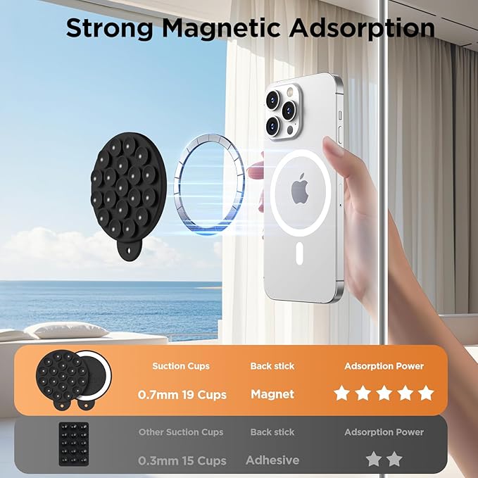 Magnetic Suction Cup Phone Mount for MagSafe Case, Silicone Hands-Free Phone Grip Holder for iPhone and Android, Mirror Shower Phone Stand for Makeup FaceTime Gym Kitchen Bathroom, Black