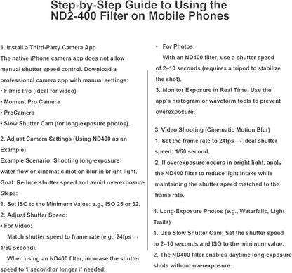 52mm Clip-on ND2-400 Phone Camera Lens Filter Kit, Adjustable Neutral Density Filter Compatible for iPhone 15 14 13 12 11, Google Pixel and Other Smart Phones