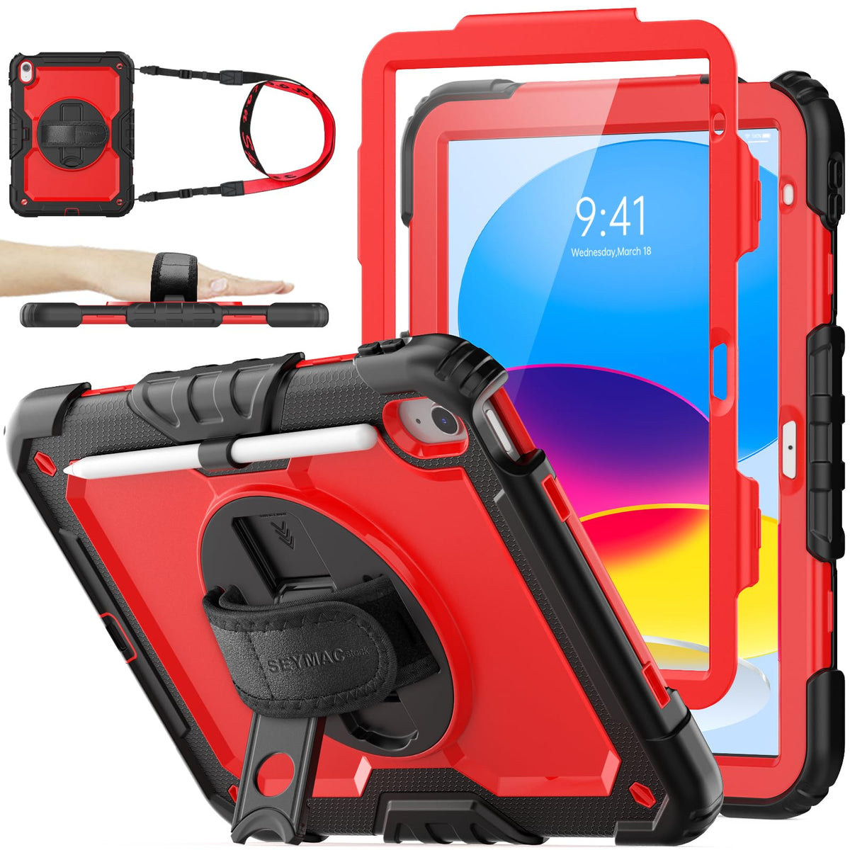 SEYMAC stock Case for iPad (A16) 11th/10th Generation 11''/10.9'' 2025/2022, Full-Body Drop Protection Case with Screen Protector &360° Rotate Hand Strap/Stand, Pink+Black