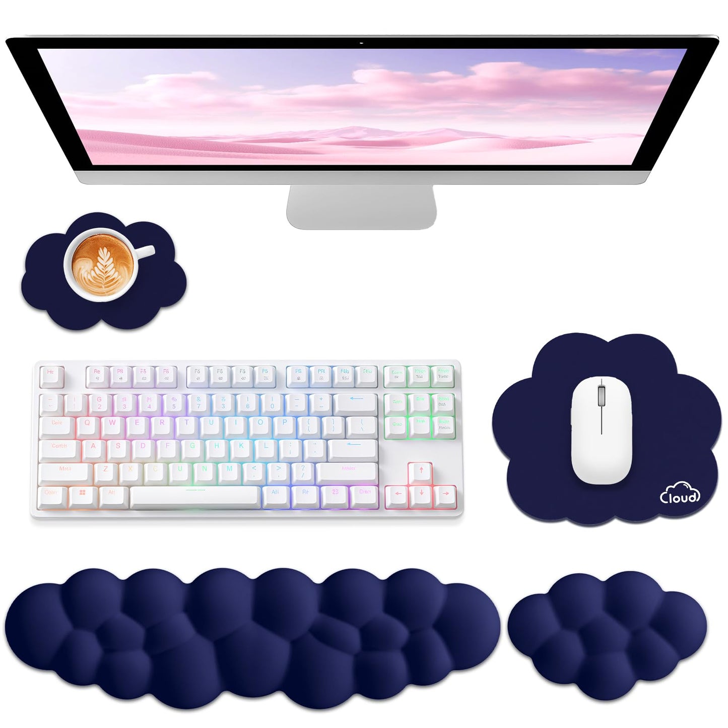 Sushret Cloud Wrist Rest for Computer Keyboard and Mouse Pad Set, Dark Blue