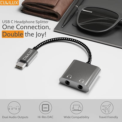 Cubilux USB C Double Headphone Splitter, Type C to Dual 3.5mm Jacks Audio Sharing Adapter Compatible with iPhone 16/15, iPhone 16/15 Pro Max, iPad Pro 13/12.9/11, iPad Air 13/5th/4th and More
