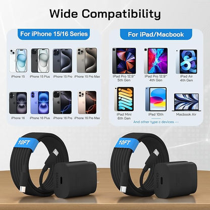 30W USB C i Phone 16 15 Charger Fast Charging, 2PACK Wall Charger for iPhone 16 15 Pro Max Charger Cord 10FT Fast Type C Charger Block for iPhone 16/16 Pro/15 Plus/15 Pro/15 Pro Max, iPad Pro, Black