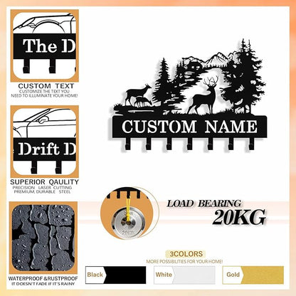 Personalized Deer Key Holder Wall Mount, Custom Metal Key Rack Key Holder with Name, Deer Cabin Wall Keys Hanger with Hooks for Entryway, Front Door, Hallway, Kitchen, Living Room