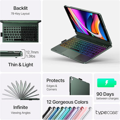 typecase Touch iPad 9th Generation Case with Keyboard (10.2", 2021), Multi-Touch Trackpad, 10 Color Backlight, 360° Rotatable, Thin & Light for iPad 8th Gen, 7th Gen, Air 3, Pro 10.5 (Midnight Green)