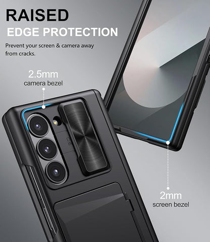 for Samsung Galaxy Z Fold 6 Case with Card Holder & Belt Clip & Slide Camera Cover, Built-in Hinge Protection & Screen Protector, Durable Wallet Phone Cover Case for Z Fold 6 5G 2024, Black