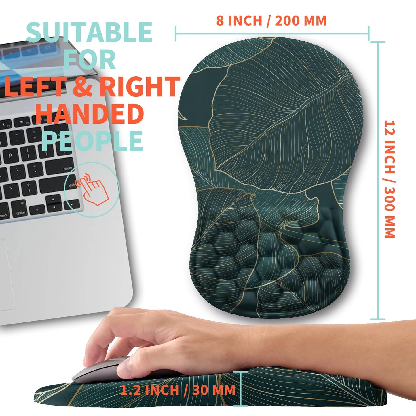 Kuosgm Ergonomic Mouse Pad Wrist Support with Memory Foam Massage Bulge, Carpal Tunnel Pain Relief Mousepad Wrist Rest for Mouse(12x8 inch, Leaves)