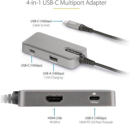 StarTech.com USB C Multiport Adapter - USB-C to 4K 60Hz HDMI 2.0, 100W Power Delivery Pass-Through - 3-Port 10Gbps USB Hub - Portable USB Type-C Mini Docking Station - 10" (25cm) Cable, TAA