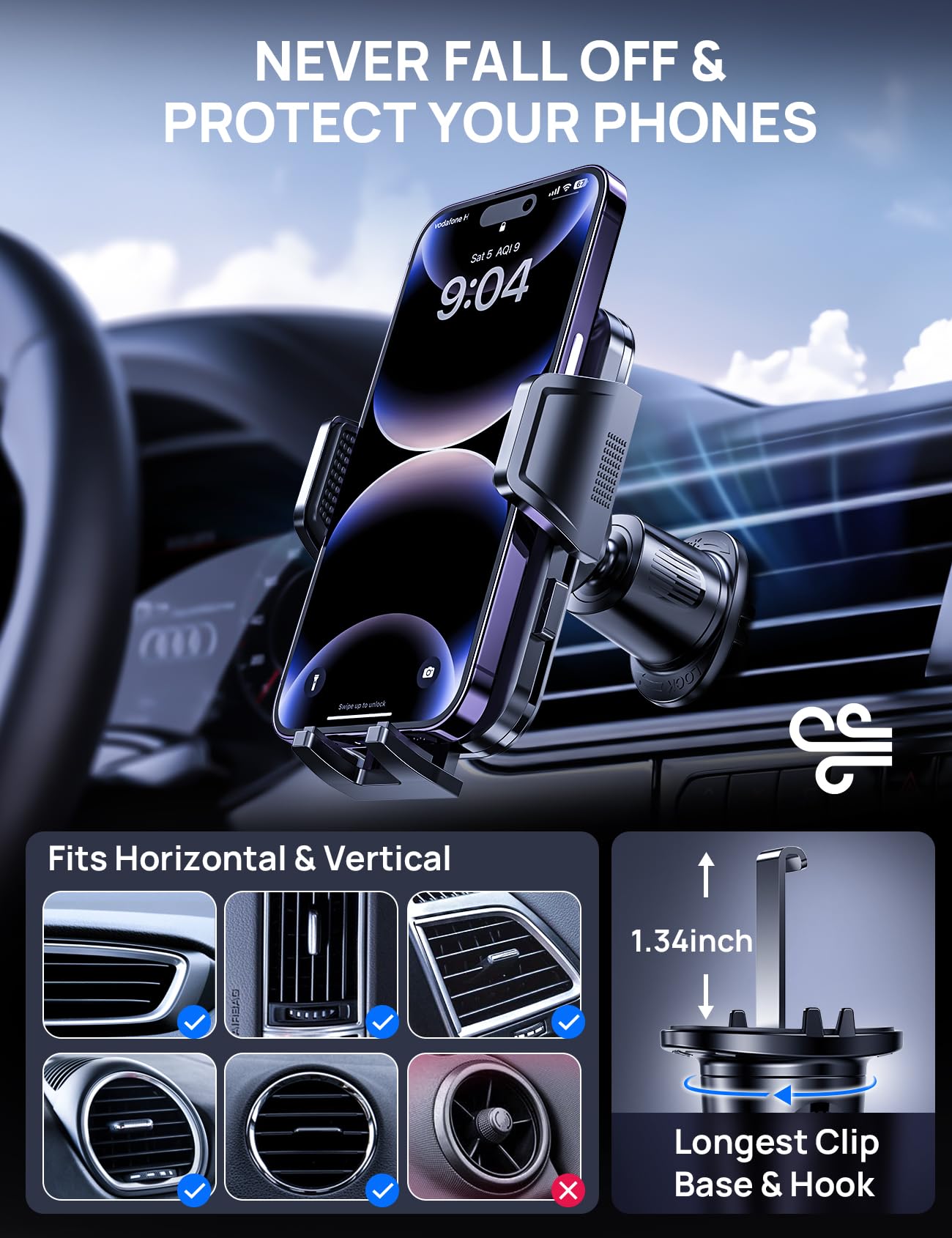 Air Vent Car Phone Holder, Adjustable Wide Clamp, Metal Hook, Anti-Shake