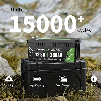 OKMO 12V 280Ah LiFePO4 Lithium Battery Built-in 150A BMS Low-Temp Protection for RV, Solar/Off-Grid Applications, Home Energy Storage, Marine