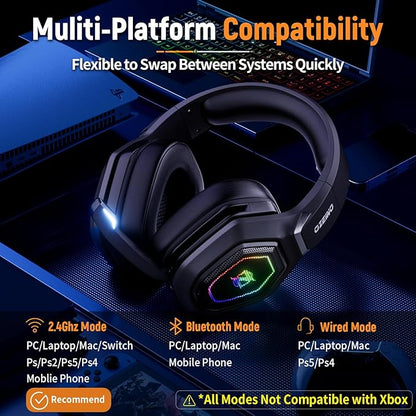 2.4GHz Wireless Gaming Headset with Microphone, 2.4G USB & Type C Transmitter - 30h Battery Life - RGB Lighting Gaming Headphones for PS5, PS4, PC, Phone