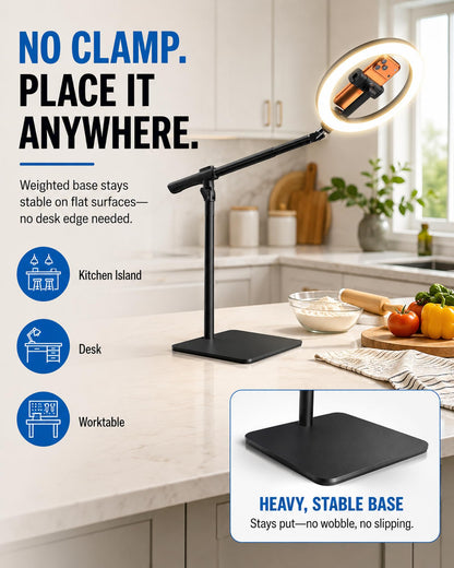LUXSURE 10" Overhead Ring Light for Desk with Weighted Base, Freestanding Telescopic Phone Mount, Phone Stand with Light & Remote for Video Recording, Cooking, Crafts, Live Streaming