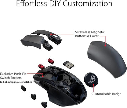 ASUS ROG Chakram X Origin Gaming Mouse, Tri-Mode connectivity (2.4GHz RF, Bluetooth, Wired), 36000 DPI Sensor, 11 programmable Buttons, Detachable Joystick, Paracord Cable, Black