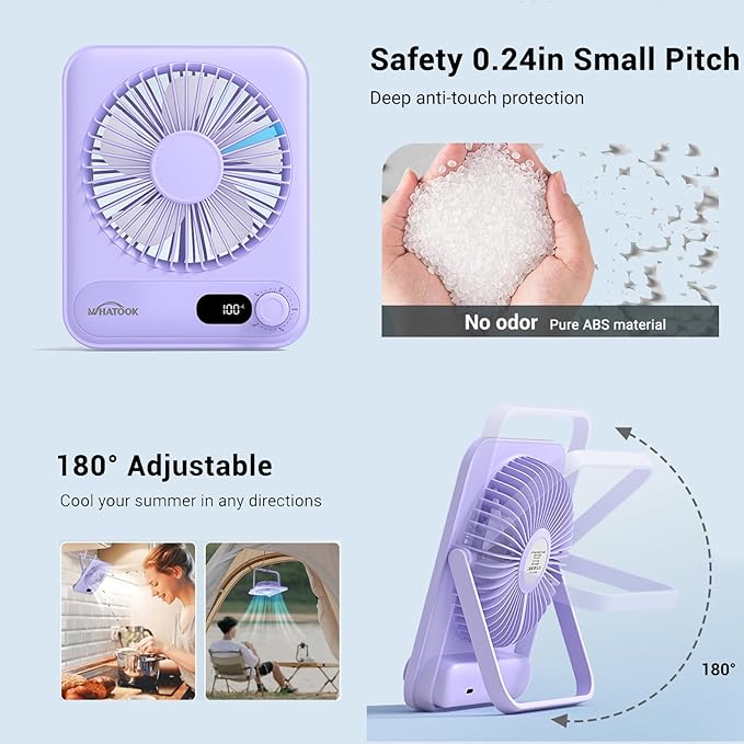 WHATOOK Small Desk Fan Personal Fans: 5000mah 25 Hours Battery Office Quiet Mini Desktop Fan Portable Rechargeable Travel Essentials (Purple, 5000)