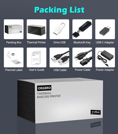 ORGBRO Bluetooth Thermal Shipping Label Printer, Z1-Plus Wireless 4X6 Shipping Label Printer for Small Business Office or Home Support iPhone Android Windows macOS Chrome Amazon Ebay Shopify USPS