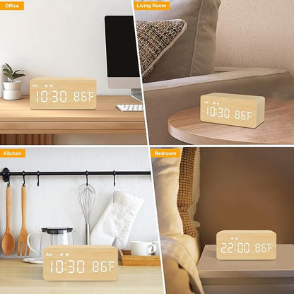 MOSITO Digital Wooden Alarm Clock with Wireless Charging, 0-100% Dimmer, Dual Alarm, Weekday/Weekend Mode, Snooze, Wood LED Clocks for Bedroom, Bedside, Desk, Kids (Bamboo)