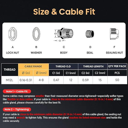 QILIPSU 50pcs M12L Long Thread Cable Gland Waterproof IP68 Nylon Strain Relief Cord Grip Cable Pass Through Wire Connector