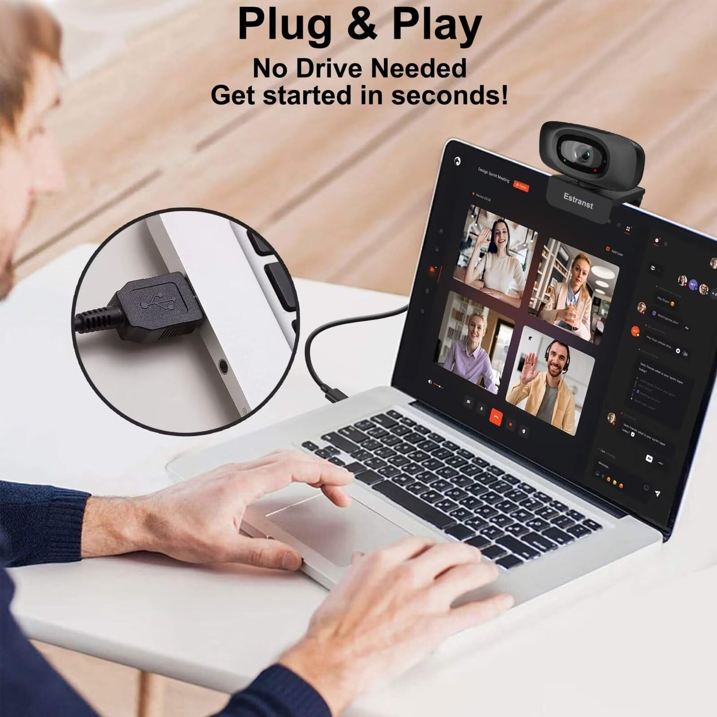 Estranst 2K Quad HD Webcam with Privacy Cover & Noise-Canceling Microphone, Video Web Streaming Camera for PC Computer Desktop Laptop Mac Zoom Teams &More, 1pc USB C Adapter