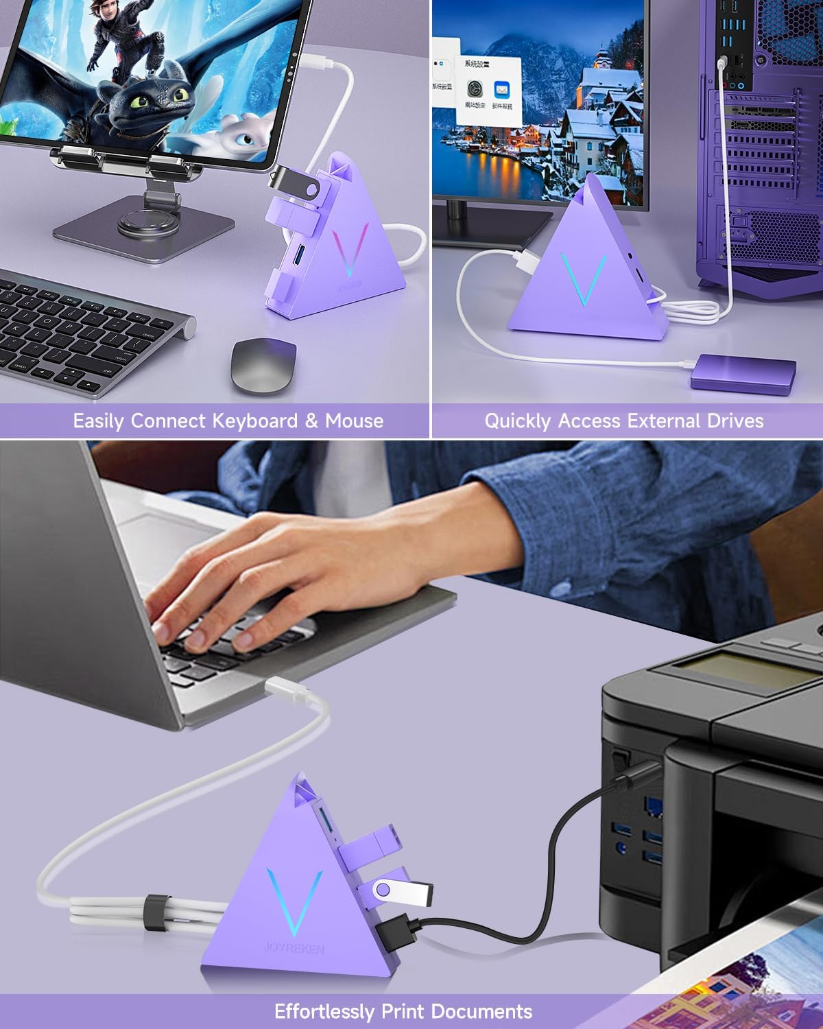 JoyReken USB C Hub, USB Type C to 4-Port USB 3.0 Adapter for MacBook, Surface, Laptop, Flash Drive, Mouse, Keyboard, HDD (2ft, Light Purple)