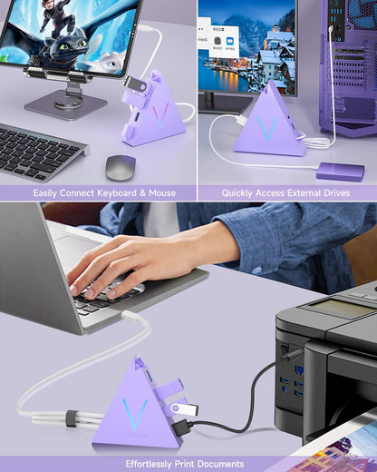 JoyReken USB C Hub, USB Type C to 4-Port USB 3.0 Adapter for MacBook, Surface, Laptop, Flash Drive, Mouse, Keyboard, HDD (2ft, Light Purple)