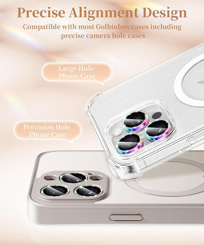 GolbinBox Camera Lens Protector for iPhone 16 Pro Max/16 Pro, 1:1 Invisible Fit, 9H Tempered Glass Ultra HD Metal Individual Camera Cover Screen Protectors for Women, Case Friendly, Bling/Colorful