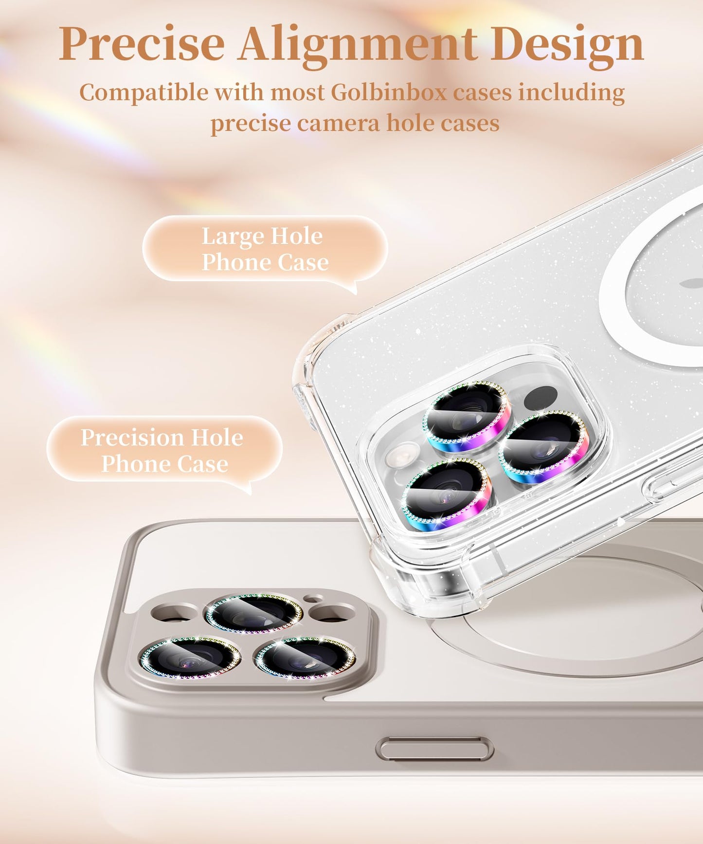 GolbinBox Camera Lens Protector for iPhone 17 Pro Max/17 Pro/16 Pro Max/16 Pro, 1:1 Invisible Fit, 9H Tempered Glass Ultra HD Metal Individual Camera Cover for Women, Case Friendly, Bling/Colorful