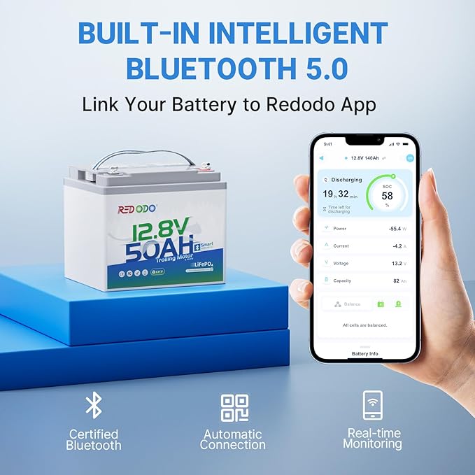 Redodo Smart Bluetooth 12V 50Ah LiFePO4 Lithium Battery for Trolling Motor, Low-Temp Protection, 10 Years Lifetime, Lightweight & Portable Perfect for RV, Solar, Boat Marine and Camping 4 Pack