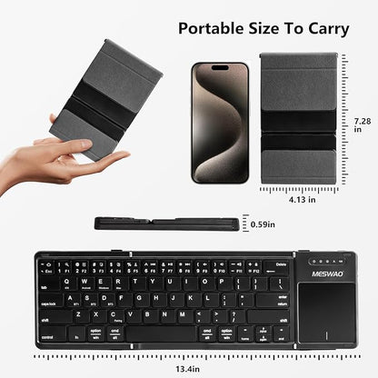 Foldable Bluetooth Keyboard with Touchpad, Wireless Folding Keyboards with PU Leather (Sync up to 3 Devices), Full-Size Portable Keyboard for Android/Windows/iOS