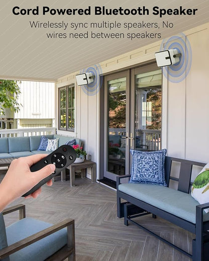 400W Outdoor Bluetooth Speakers, Wireless Sync Between Speakers, IPX5 Waterproof, Powerful Bass, Wall Mount for Patio, Porch, Gazebo, Garage, 2-Pack, White(MZ-621)
