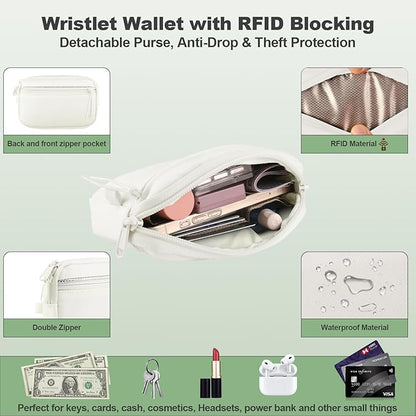 Clip and Go Strap for Phone with Wallet Crossbody, Adjustable Phone Lanyard with Detachable RFID Wristlet Wallet, Pattern Strap, Cream&Silver (M)