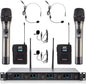 4 Channel Wireless Microphone System UHF 2 Cordless Handheld Mics and 2 Lavalier Headset Mics for Karaoke Church Speaking Conference Meeting Party, 4x25 Adjustable Frequency (2 Handheld + 2 Bodypack)