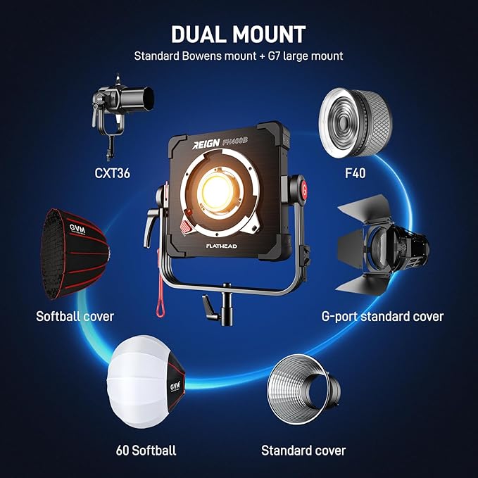 GVM 400W Bi-Color Video Light with 2700–6800K Range Delivers up to 68700lux/1m Studio Lights Photography Lighting Flathead Design Supports Stackable 4-6 Light arrays for scalable high-Output Systems