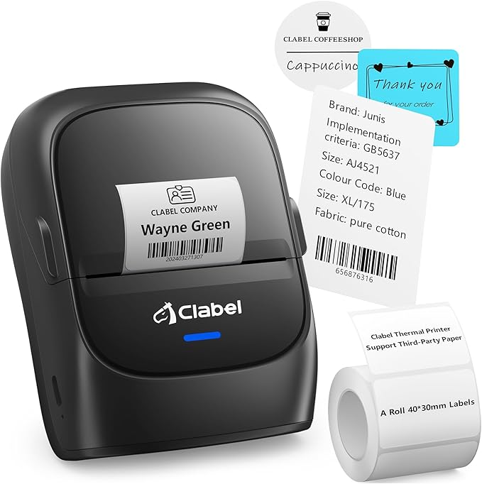 CLABEL Label Maker Machine with Tape, 221B Thermal Bluetooth Label Printer 2 Inch Portable Barcode Inkless Sticker for Small Business, Retail Office,Office, Home, Came with 1 Roll Label (Black)