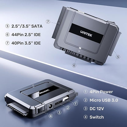 Unitek USB C to SATA 6Gbps IDE Adapter External Hard Drive Converter Kit for Universal 2.5/3.5 inch HDD/SSD Hard Drive Disk, DVD-ROM/CD-ROM/CD-RW, with USB C Connector & 12V/2A Power Adapter