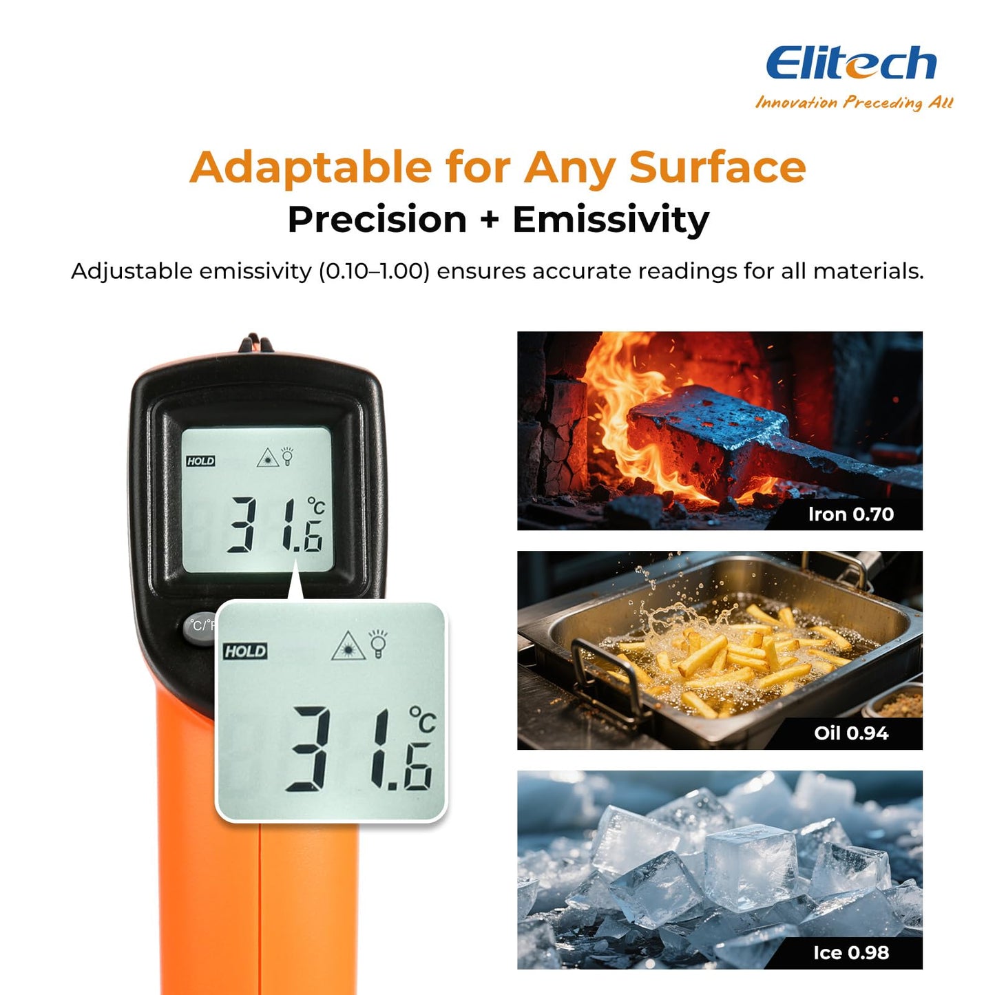 Elitech Laser Temperature Gun, Non-Contact Digital Infrared Thermometer, Adjustable Emissivity, Backlight, Handheld for Grill, Meat, Food, Candy, Automotive, HVAC Tools, -50~530°C(-58~986°F), DIT-220