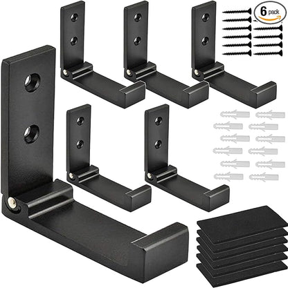 Folding Coat Hooks, Foldable Wall Hooks for Hanging Aluminum Alloy Cloth Hanger Coat Hanger Headphones Holder Headset Wall Hanger Hook- Pack of 6 (Black)