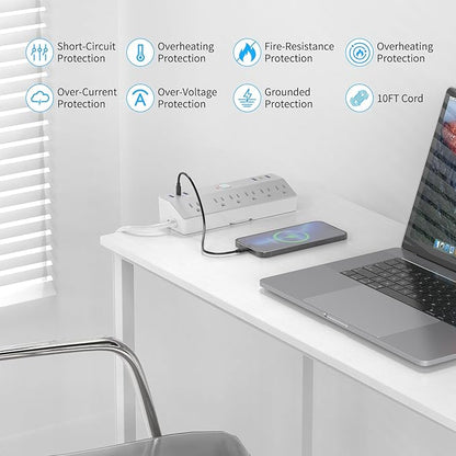 Clamp Power Strip Tall, 40W Fast Charging Station,Desk Mount Desk Shelf with 6 Outlets 6USB Ports (2USB C), 10Ft Extension Cord Home Office Essentials, Fit 2.48" Tabletop Edge