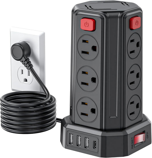 Power Strip Surge Protector, 6.5 Ft Extension Cord with 12 AC Multiple Outlets 4 USB (1 USB C), SMALLRT Power Tower Desktop Charging Station