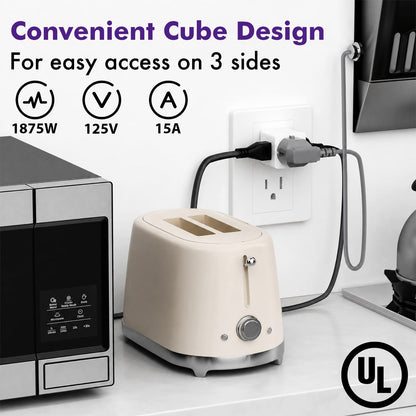 POWERCORDS 3 Outlet Cube Wall Adapter, 3 Pack, Recessed Outlet Extender, Low Profile 3 Prong Plug Splitter, Grounded Wall Tap, 90° Compact Adapter, Cruise & Travel, UL Listed 15A 125V White