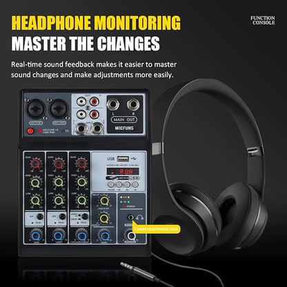 Mini audio audio mixers DJ mixer Sound Board Console System,4 Channel 48V Phantom Power with Bluetooth USB MP3 Stereo live DJ Studio Streaming for professional recording party KTV stage