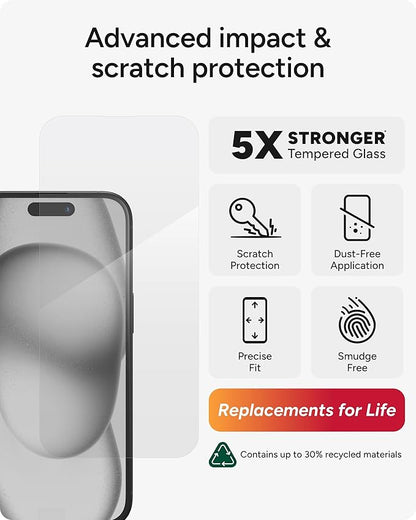 ZAGG InvisibleShield Glass Elite iPhone 15 Screen Protector - 5X Stronger with Reinforced Edges, Scratch & Smudge-Resistant Surface, Easy to Install