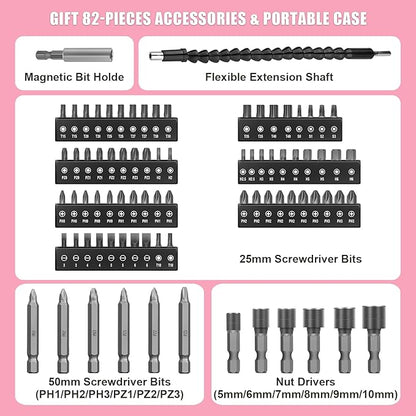 Enertwist Electric Screwdriver, 8V Max 10Nm Pink Cordless Screwdriver Rechargeable Set with 82 Accessory Kit and Charger in Carrying Case, 21+1 Cluth, Dual Position Handle, LED Light