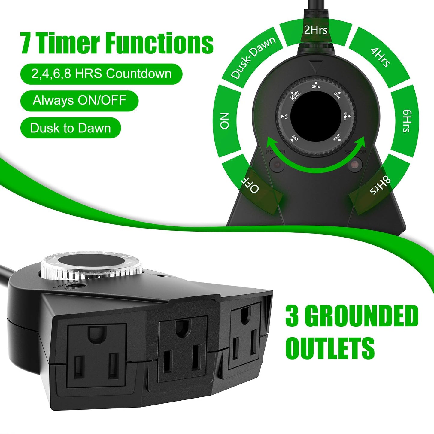 Outdoor Light Sensor Timer, 24 Hours Heavy Duty Waterproof Outlet Timer with 2, 4, 6 or 8 Hours Countdown Mode, 3 Grounded Electrical Outlet for Home Backyard Garden (2 Pack)
