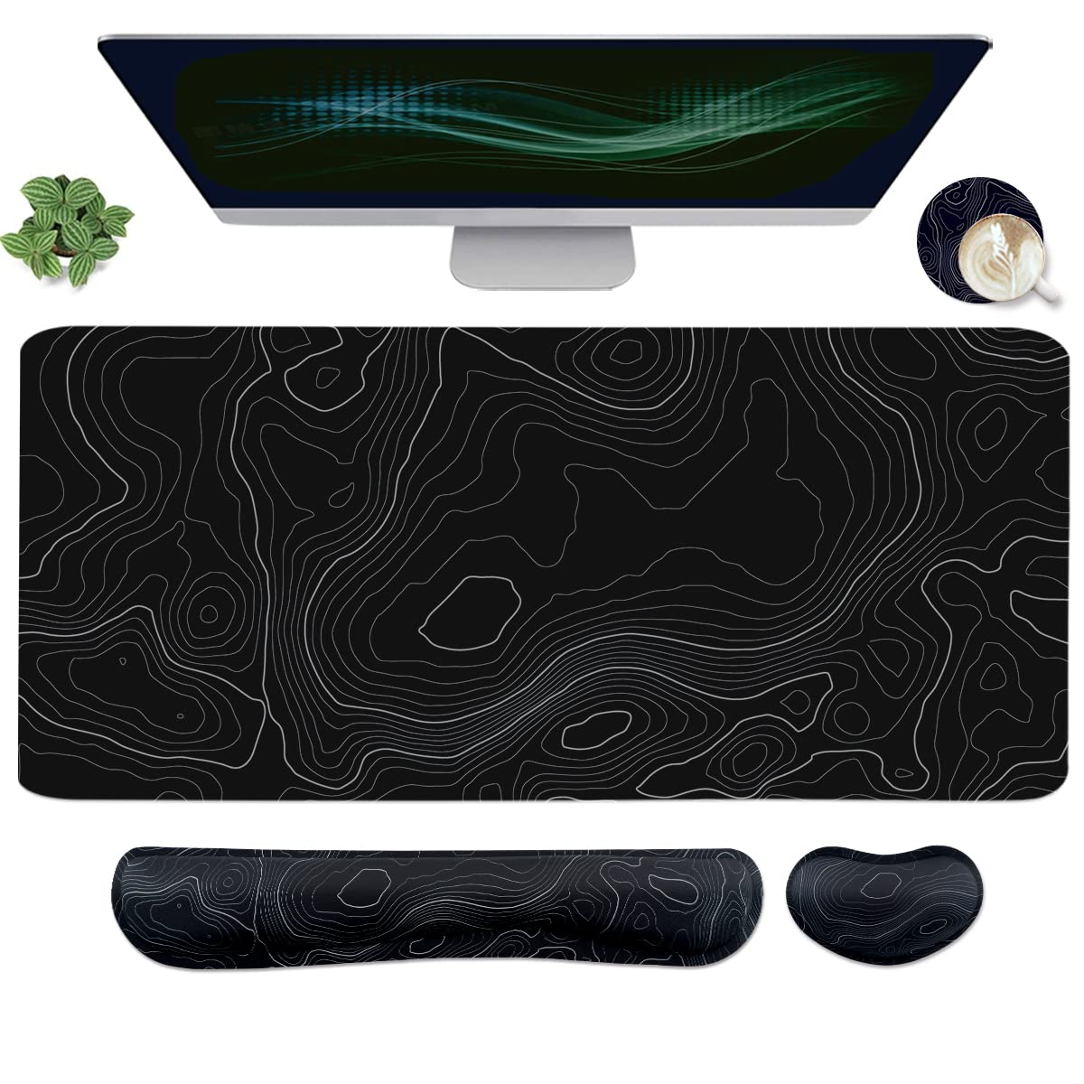 Topographic Mouse Pad Set, Extended Mouse Pad+Keyboard Wrist Rest, Memory Foam Ergonomic Easy Typing, 4Pcs (35.4×15.7 in) Desk Pad Set for Home Office Study Game-Topographic Contour
